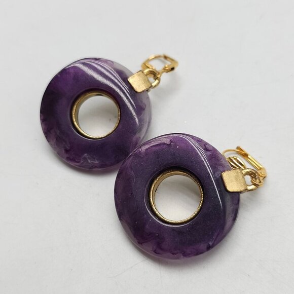 Purple Gold Dangling Earrings With Sunburst Design and Swirled Resin Accents - Picture 3 of 4
